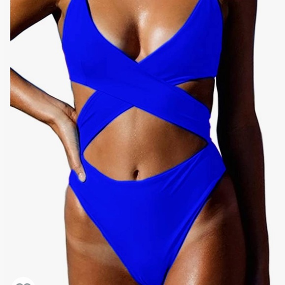 Sapphire Blue Cross Cross High Waist Cut Out One Piece Monokini Swimsuit - Picture 3 of 4